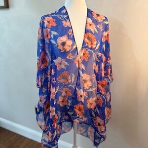 NWT Sheer Floral Kimono Cover-Up in Vibrant Royal Blue and Coral